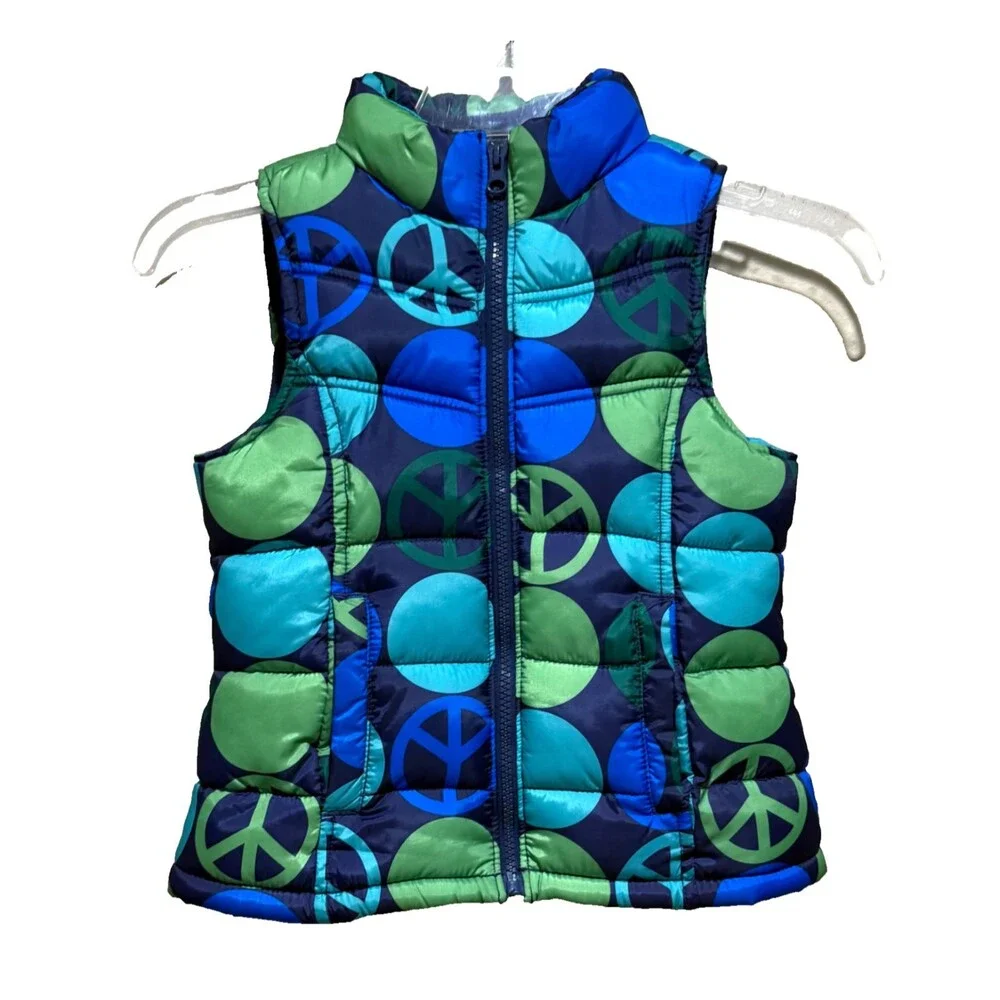 Old Navy Girls Puffer Vest XS Blue Green Peace Sign Bubble Y2K Retro Zip Coat
